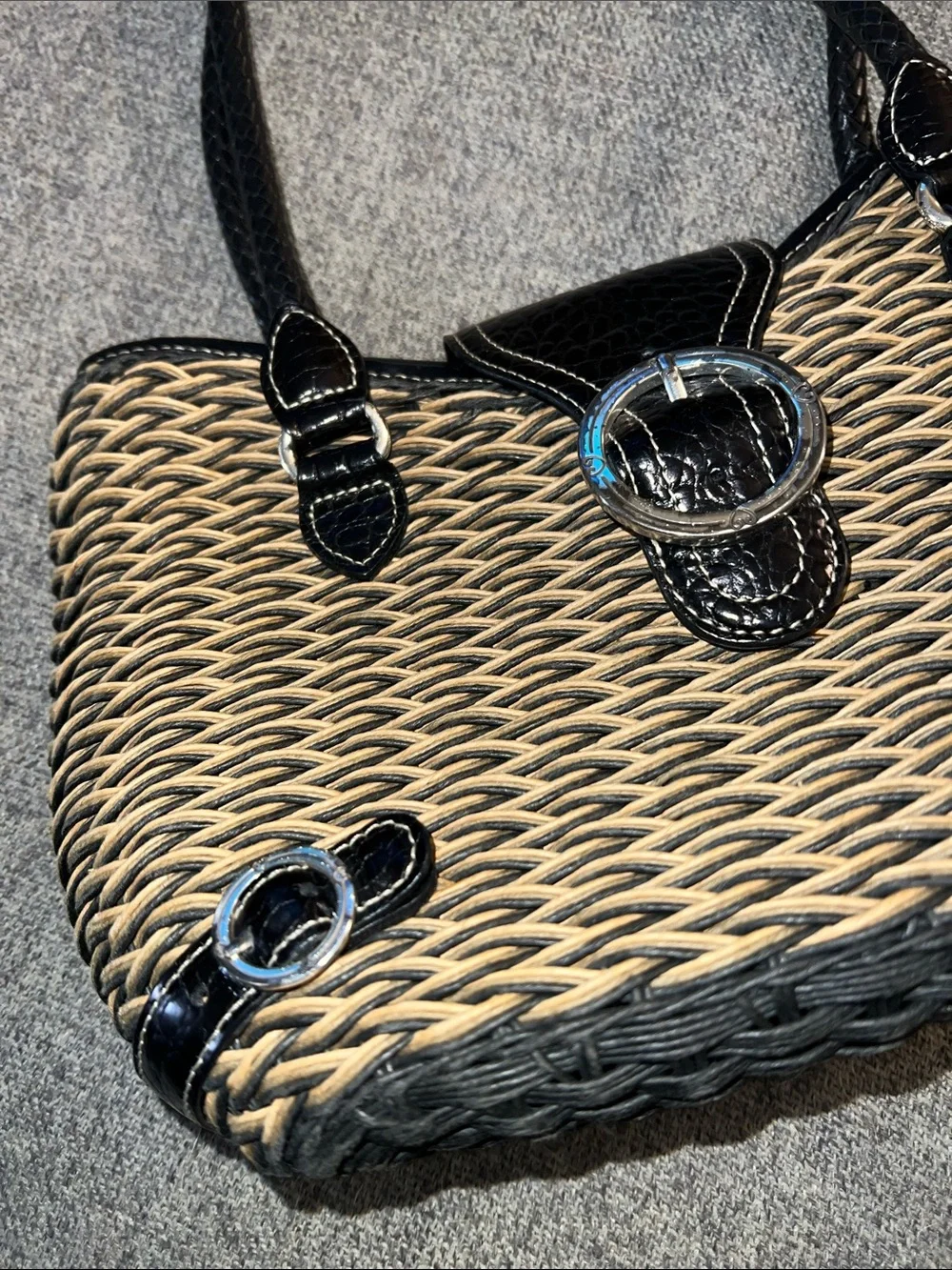 Brighton Woven Straw Tote with Black Trim and Silver Buckle GUC